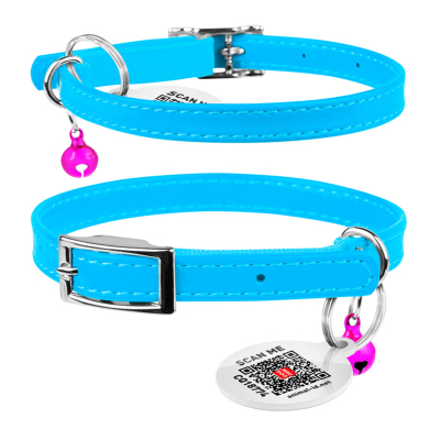 Дозвілля - Collar WAUDOG Glamour Нашийник для котів шкіряний з QR паспортом, блакитний