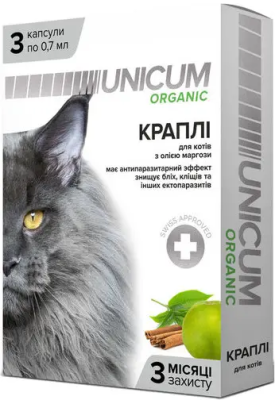 Засоби від паразитів - Unicum ORGANIC - Краплі на натуральній основі для відлякування бліх та кліщів для котів (3 капсули)