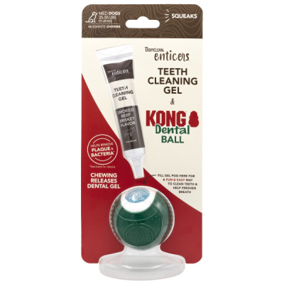 Шампуні та засоби для догляду - TropiClean Enticers Kong Dental Ball Набір по догляду за ротовою порожниною, м'ячик та гель зі смаком копченої яловичої грудки для собак середніх порід