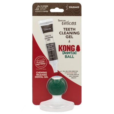 Шампуні та засоби для догляду - TropiClean Enticers Kong Dental Ball Набір по догляду за ротовою порожниною, м'ячик та гель зі смаком копченої яловичої грудки для собак малих порід