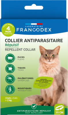 Засоби від паразитів - Francodex Laboratoire Repellent Collar Нашийник з репелентною дією від бліх і кліщів для котів з гераніолом, 35 см