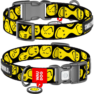 Амуніція - Collar WAUDOG Nylon Нашийник для собак нейлоновий з QR-паспортом "Смайли на чорному", пластиковий фастекс