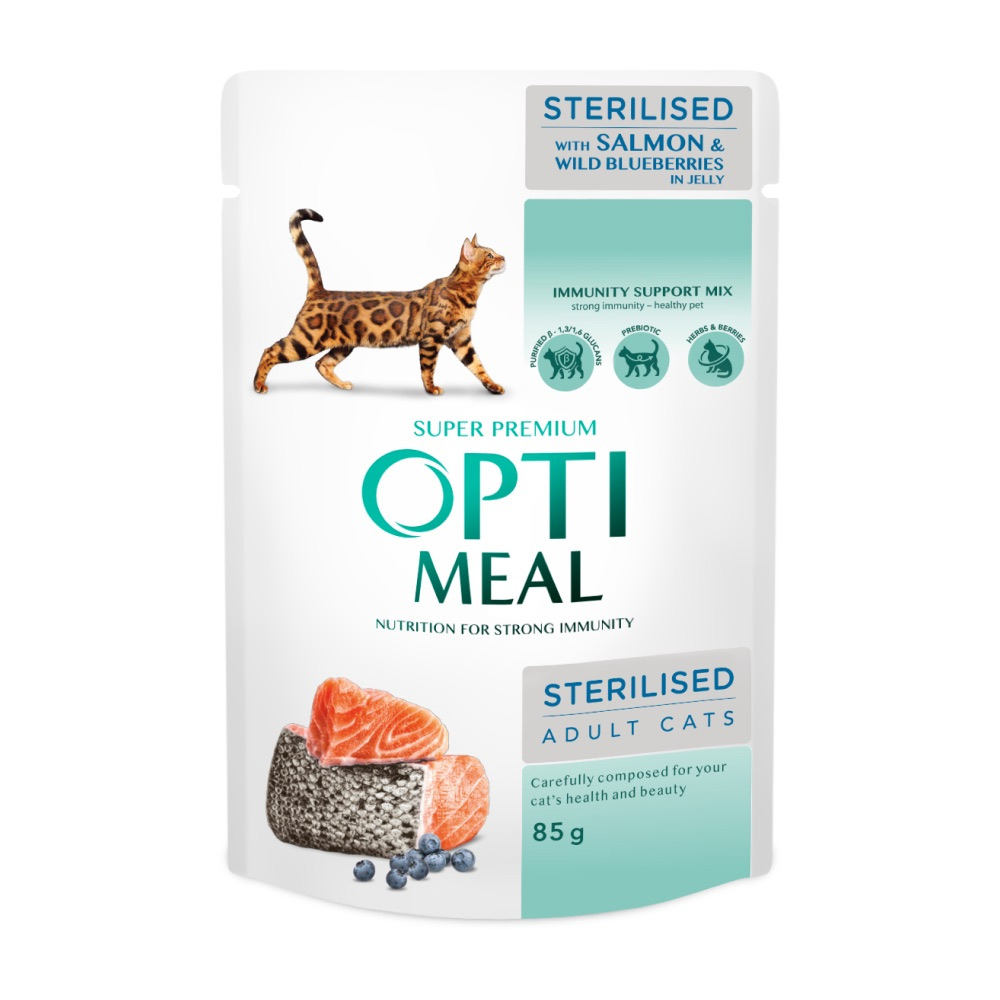 Вологий корм - Вологий корм Optimeal з лососем та чорницею в желе для стерилізованих кішок та кастрованих котів