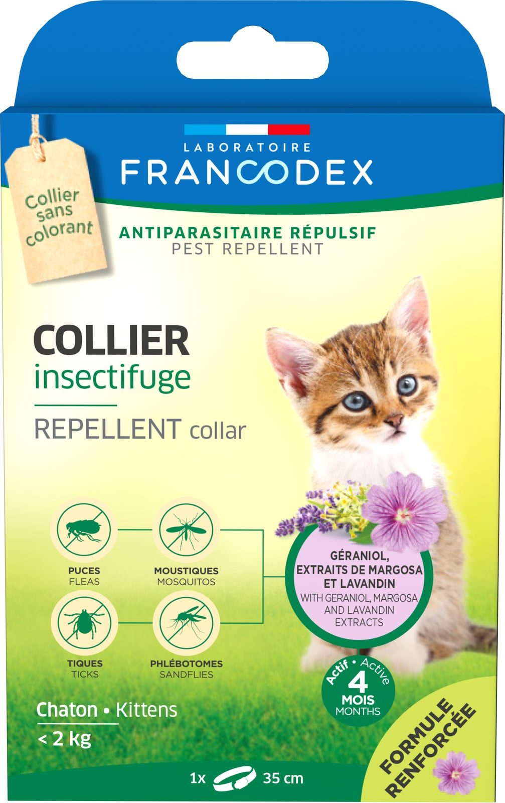 Засоби від паразитів - Francodex Laboratoire Repellent Collar Нашийник з репелентною дією від бліх і кліщів для кошенят з гераніолом, 35 см