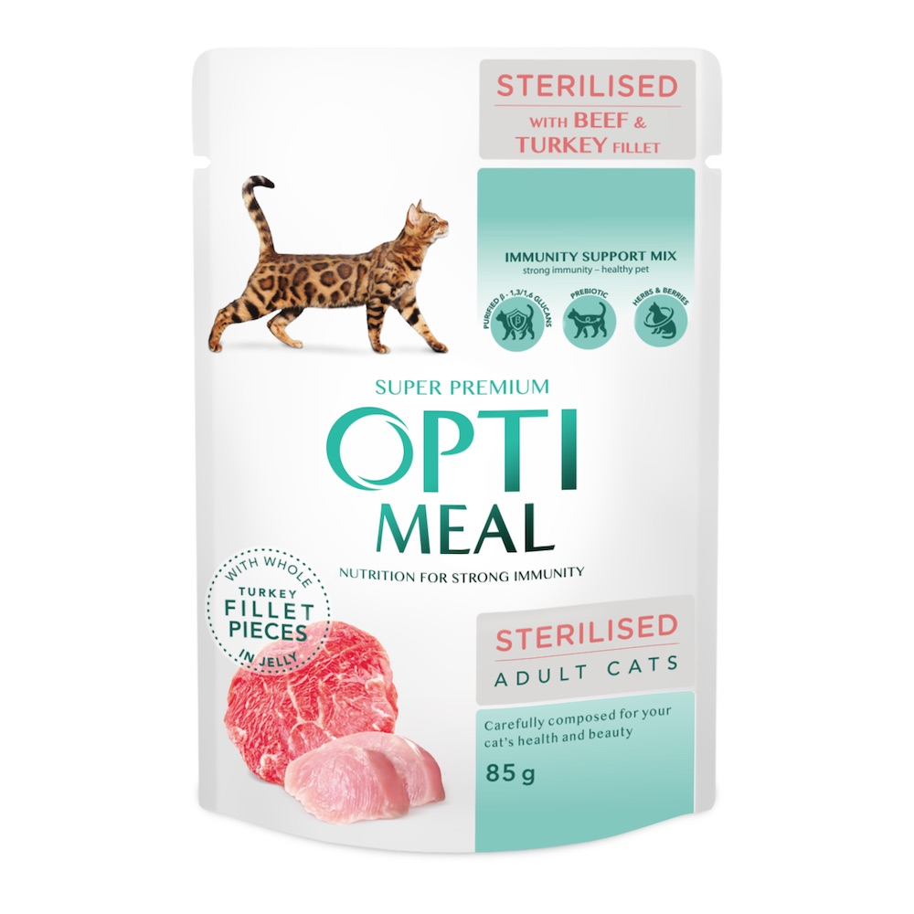 Вологий корм - Вологий корм Optimeal з яловичиною та індичим філе у желе для стерилізованих кішок та кастрованих котів