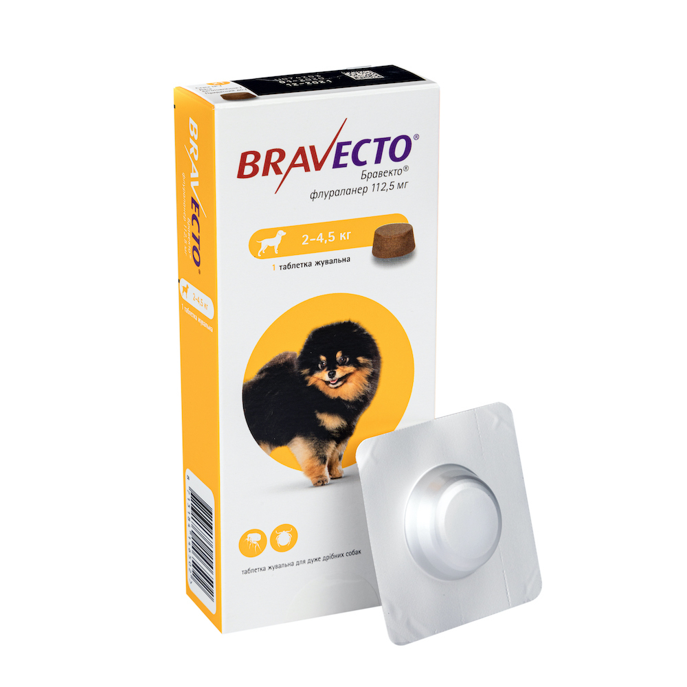 Засоби від паразитів - Bravecto - жувальні таблетки (112,5 мг) для собак від 2 до 4,5 кг від бліх та кліщів