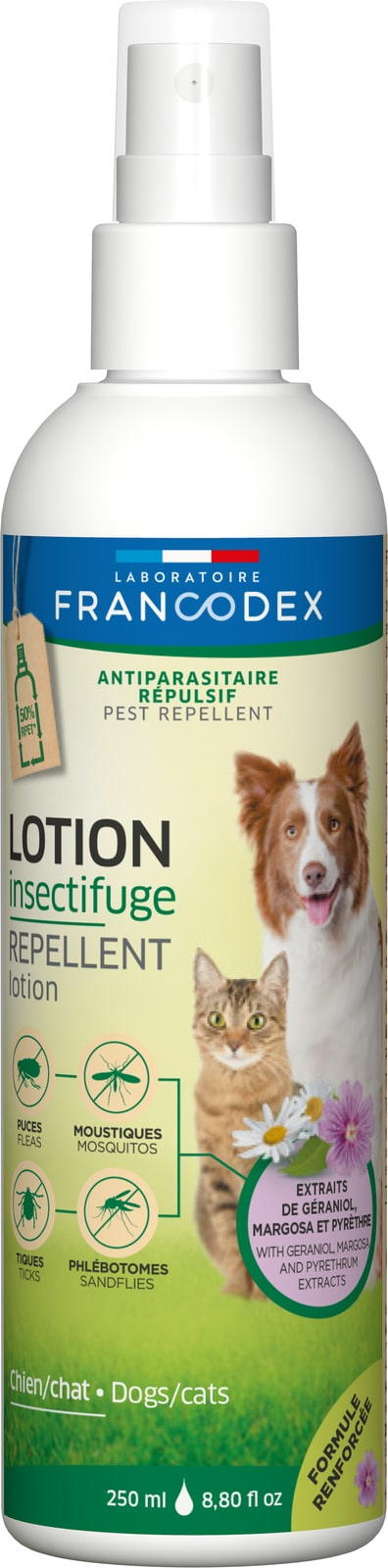 Засоби від паразитів - Francodex Laboratoire Repel Lotion Dog Cat Лосьйон-репелент від бліх і кліщів для котів і собак з гераніолом