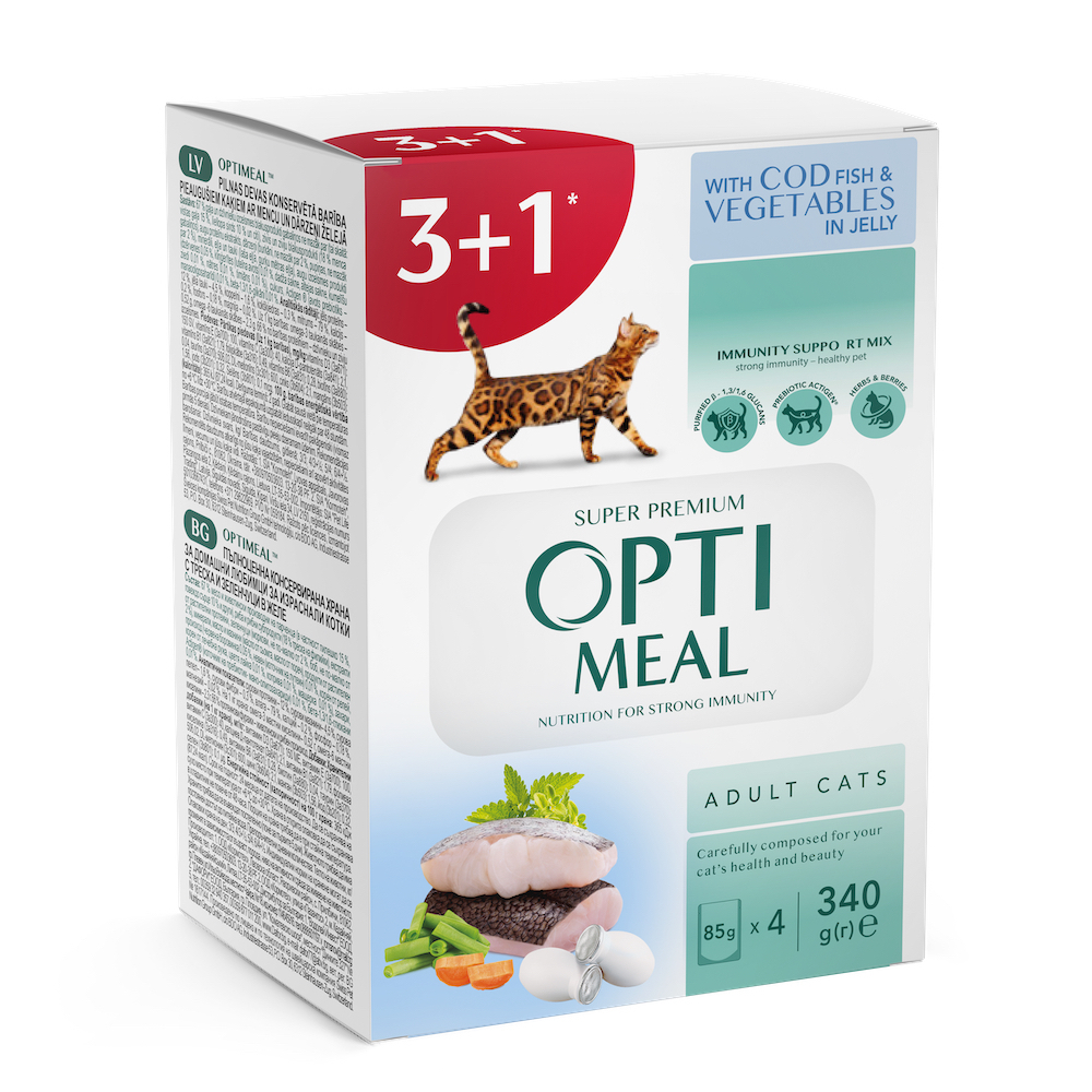Вологий корм - Набір "Adult Cats Cod Fish & Vegetable Вологий корм для дорослих котів з тріскою та овочами в желе" (3+1)
