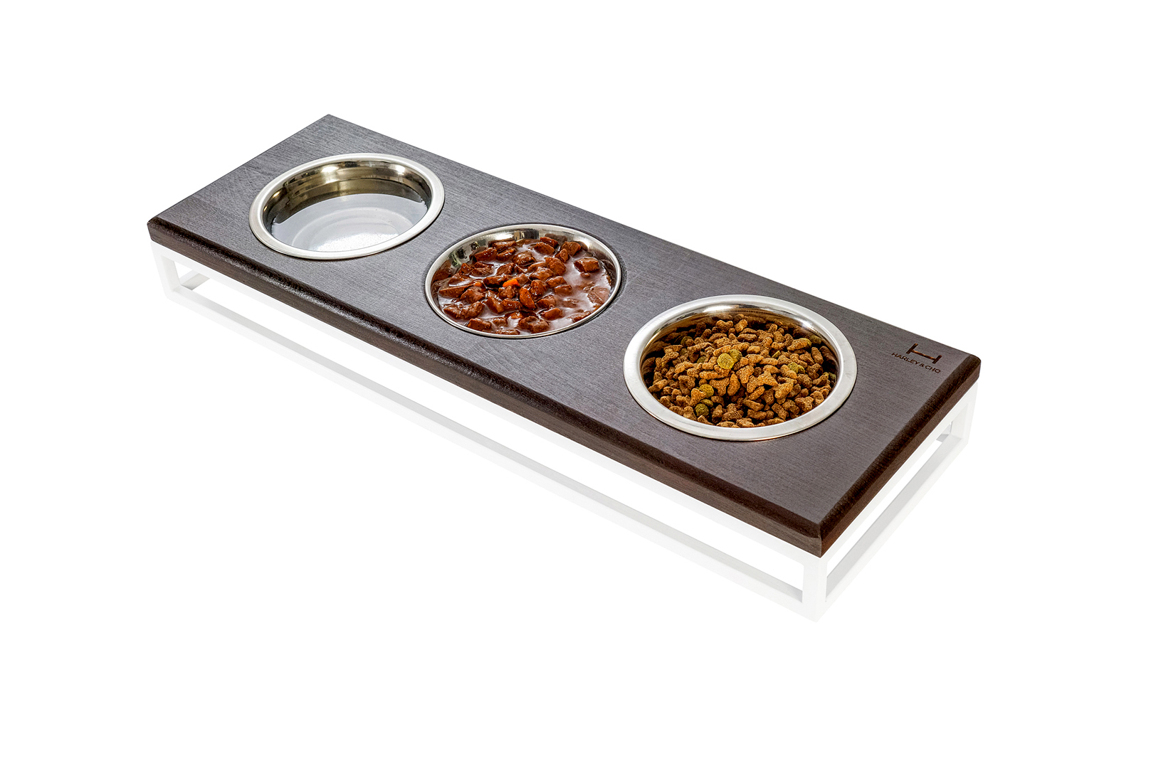 Миски - Harley and Cho Lunch Bar Brown Wood + White Три миски на підставці