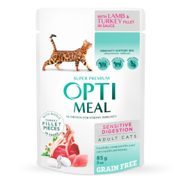 Вологий корм - Беззерновий вологий корм Optimeal з ягням та індичим філе у соусі для дорослих котів із чутливим травленням